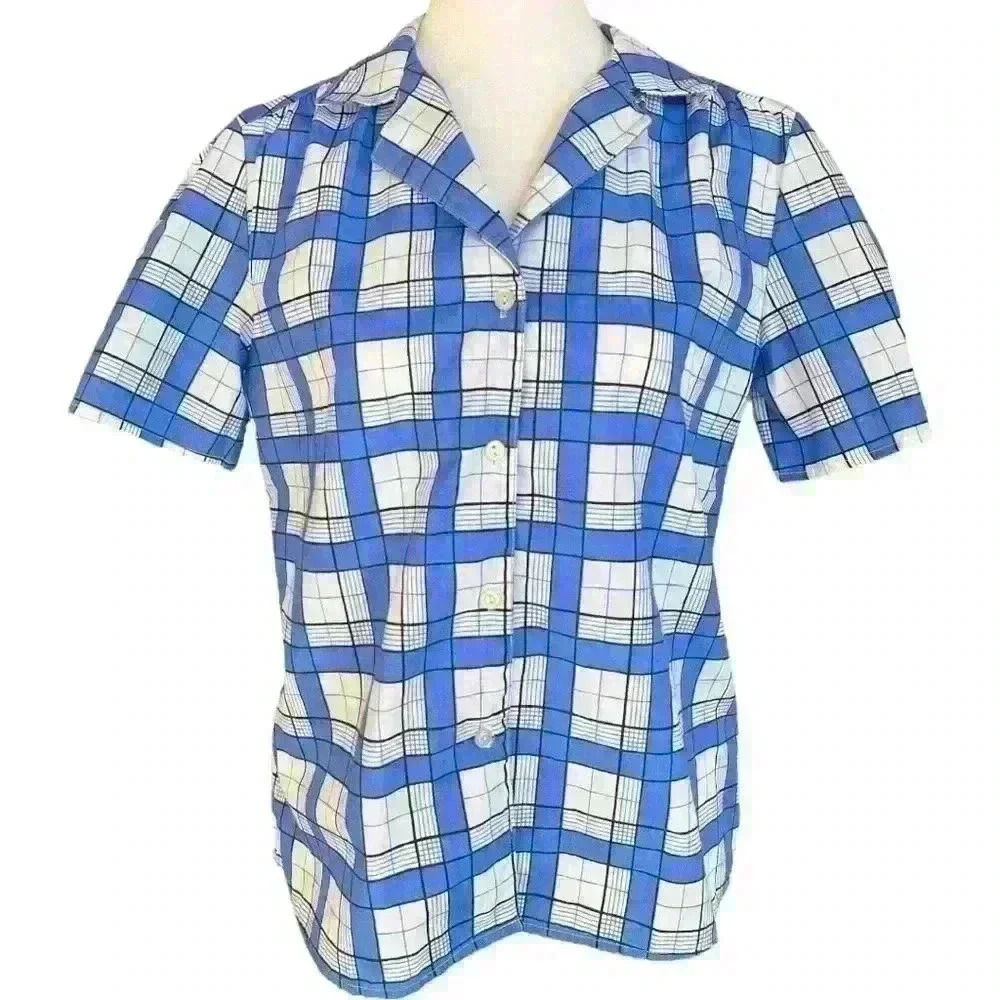 Vintage checked blouse top button down Size M
